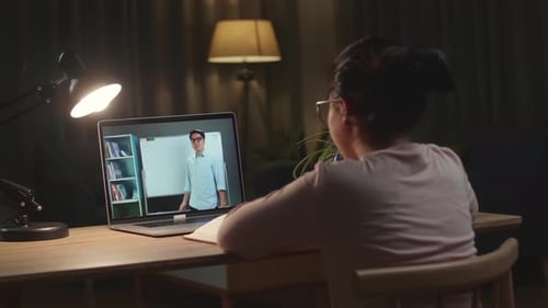 School Teen Girl Student Distance Learning With Online Teacher On Computer Screen