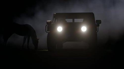 Horse and Off-Road Vehicle on Foggy Background