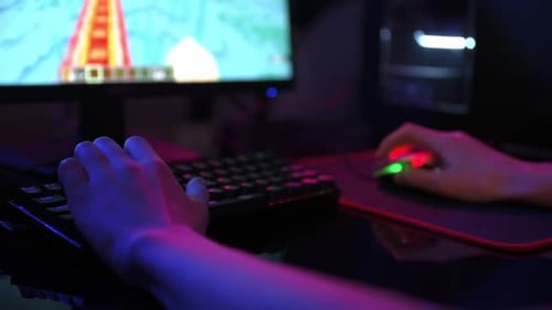 Gamer Play Computer Game Use Rgb Neon Colored Keyboard