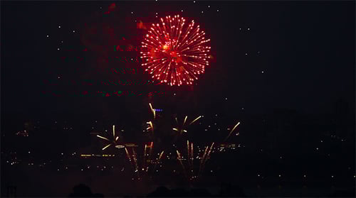 Brilliant Fireworks Explode over Dark City at Night
