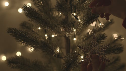 Person Decorating Christmas Tree With Snowflake Ornament