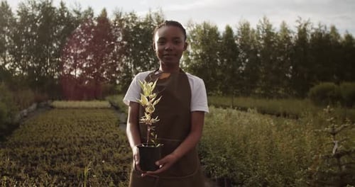 Young Black Farmer with Potted Plant in Countryside