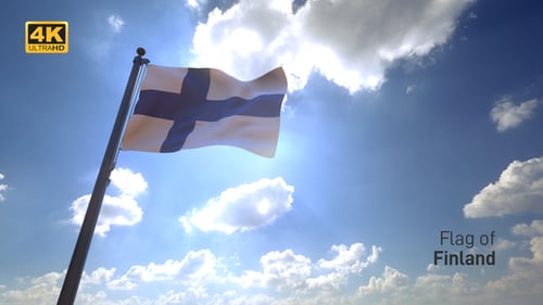 Finnish Flag Waving in Blue Sky with Sun Flare