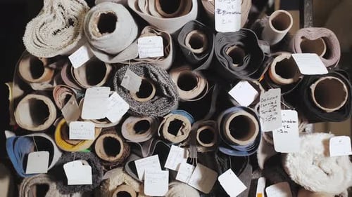 Rolls of Fabric and Textiles for Sale Stacked on Shelves in Shop