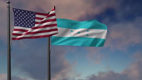 United States and Honduras Flags Waving in Sky
