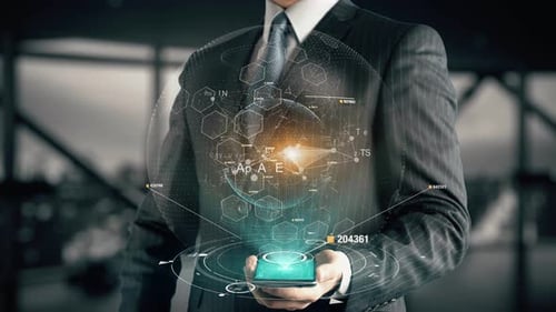 Geschäftsmann mit Return on Investment Hologramm-Konzept