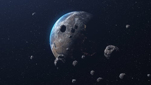 Realistic 3D Asteroids Orbiting Planet Earth