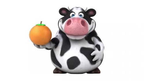 Animated 3D Cartoon Cow Holding Orange with Idea Gesture