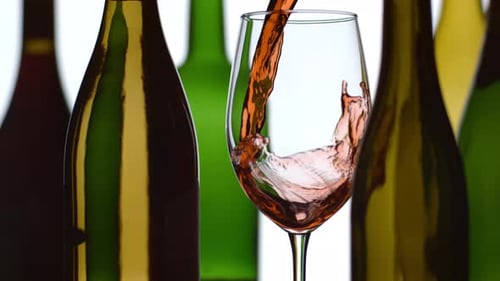 Vin rouge coulant au Ralenti avec des bouteilles en arrière-plan ; filmé sur Phantom Flex 4K à 1000 images par seconde