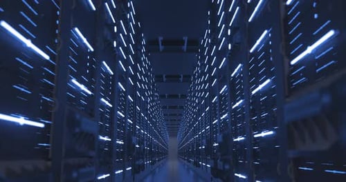 Data Center Computer Racks In Network Security Server Room or Cryptocurrency Mining Farm