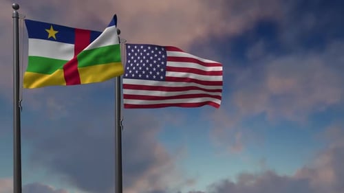 Central African Republic and USA Flags Waving Realistically in Sky