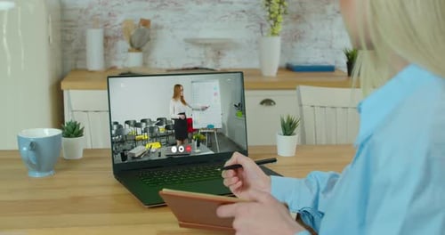 Woman Studying at Home Office Online By Conference Video Call Laptop Speak Communicates Teacher