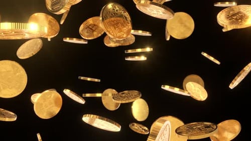 Golden coins of the digital crypto currency on black background loop animation 4k