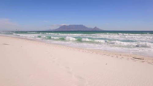Aerial travel drone view of Table Mountain, Table Bay from Bloubergstrand, Cape Town, South Africa.