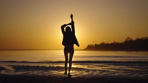 The Silhouette of a Beautiful and Slender Woman Against the Backdrop of the Sunset Sky