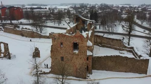 Ruins of Ancient Livonian Order's Stone Medieval Castle Latvia Aerial Drone Top Shot