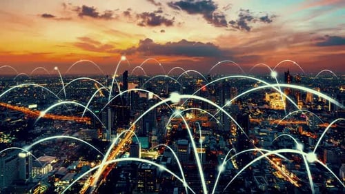 Gráfico abstrato de cidade digital inteligente e globalização mostrando a rede de conexão