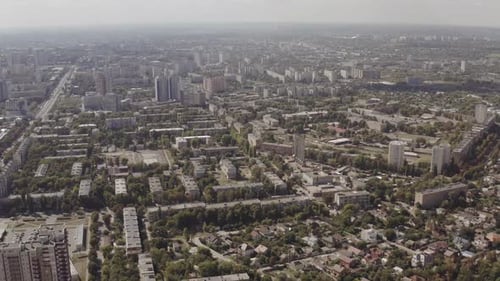 Big City Aerial View. Drone Shot of Residential Quarters of Kharkov City on Sunny Summer Day.
