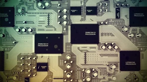 Circuit motherboard with processor and complex electronics, chips, semiconductor
