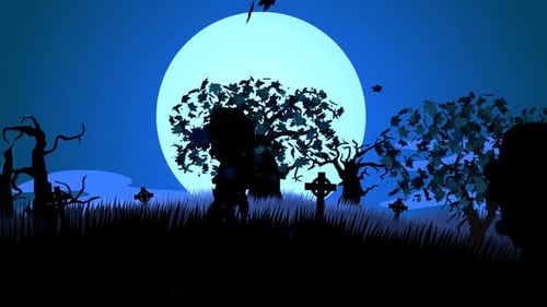 Zombie walking on the haunted, graveyard with dark silhouettes of spooky trees