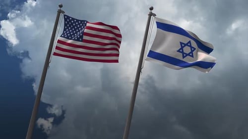 United States and Israel Flags Waving on Flagpoles with Cloudy Sky