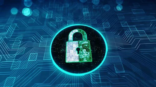 Digital Padlock Icon Animation on Circuit Board Background