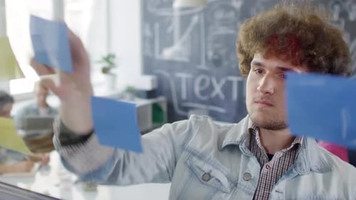 Caucasian Millennial Arranging Sticky Notes on Glass Wall in Office