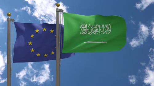 Realistic European Union and Saudi Arabia Flags Waving in Partnership