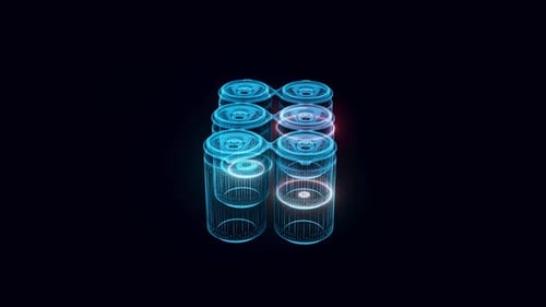 Futuristic Holographic Wireframe Cans with Pulsing Light Scan
