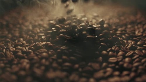 Roasted Coffee Beans with Smoke, Close-Up Shot