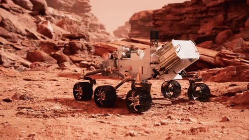 Realistic 3D Mars Rover Explores Red Planet Landscape