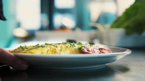 Professional restaurant kitchen, close-up: The chef serves an omelette