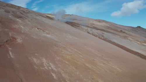 Aerial View of a Valley with Steaming Fumaroles. Iceland. Winter 2019