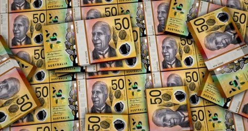 Australische Dollar-Geldscheine, die auf der Oberfläche verpackt sind