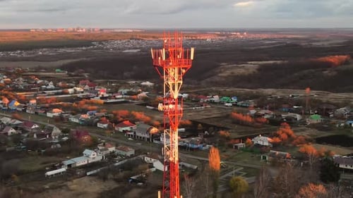 Telecommunication tower of 5G cellular or Transceiver Station in village.