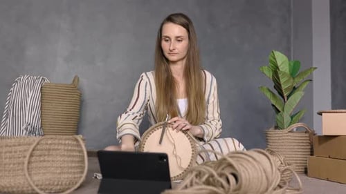 Woman Crafting with Rope at Home Indoors