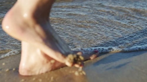 Feet Walk Barefoot on Sandy Beach in Summer