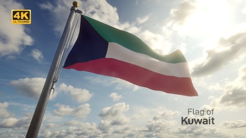 Kuwait Flag Waving on Flagpole with Sunny Sky
