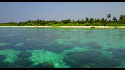 Aerial top down travel of beautiful shore beach journey by clear sea with white sand background of a