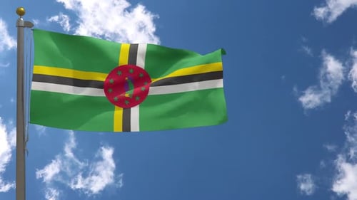 Dominica Flag Waving on Flagpole with Blue Sky Background