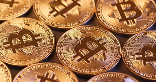 Macro Gold Bitcoin Cryptocurrency Coins Close Up