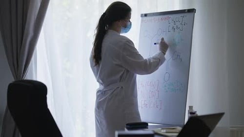 Confident Intelligent Caucasian Young Woman in Doctor Uniform and Covid19 Face Mask Writing Chemical