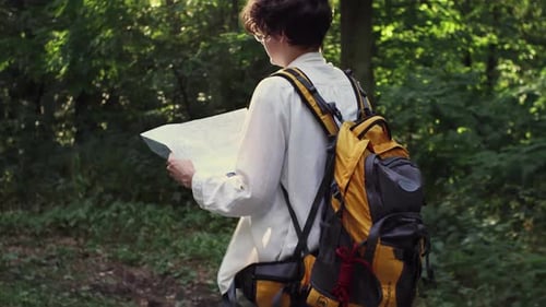 Traveler with Map in Beautiful Green Forest