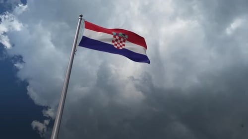 Realistic Waving Croatian Flag on Pole with Cloudy Sky Background