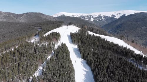 Aerial Ski Slopes with Skiers and Ski Lifts on Ski Resort. Snowy Mountain Forest
