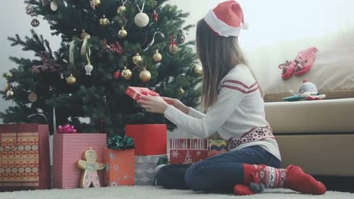 Woman Arranging Christmas Presents Under Decorated Tree