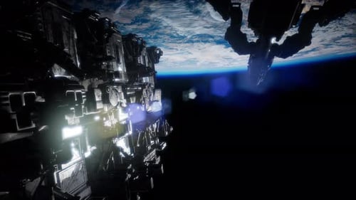 Futuristic Spaceships Orbiting Earth in Dark Space