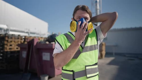 Man Puts On Respirator in Construction Area