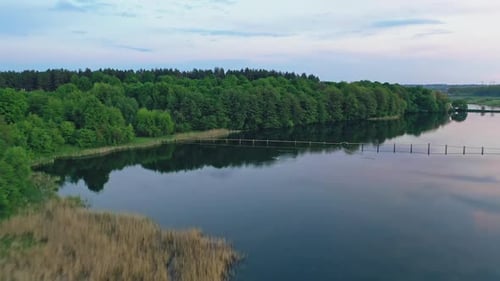 Aerial view over the beautiful river near the green forest outside.