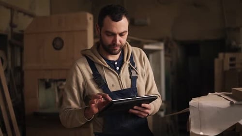 Young Carpenter Walking Through the Workshop with Tablet in Hands